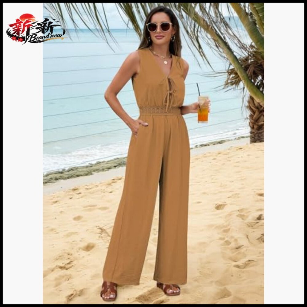 Sleeveless V-Neck Tie Front Wide Leg Jumpsuit Romper with Pockets - Picture 5 of 7